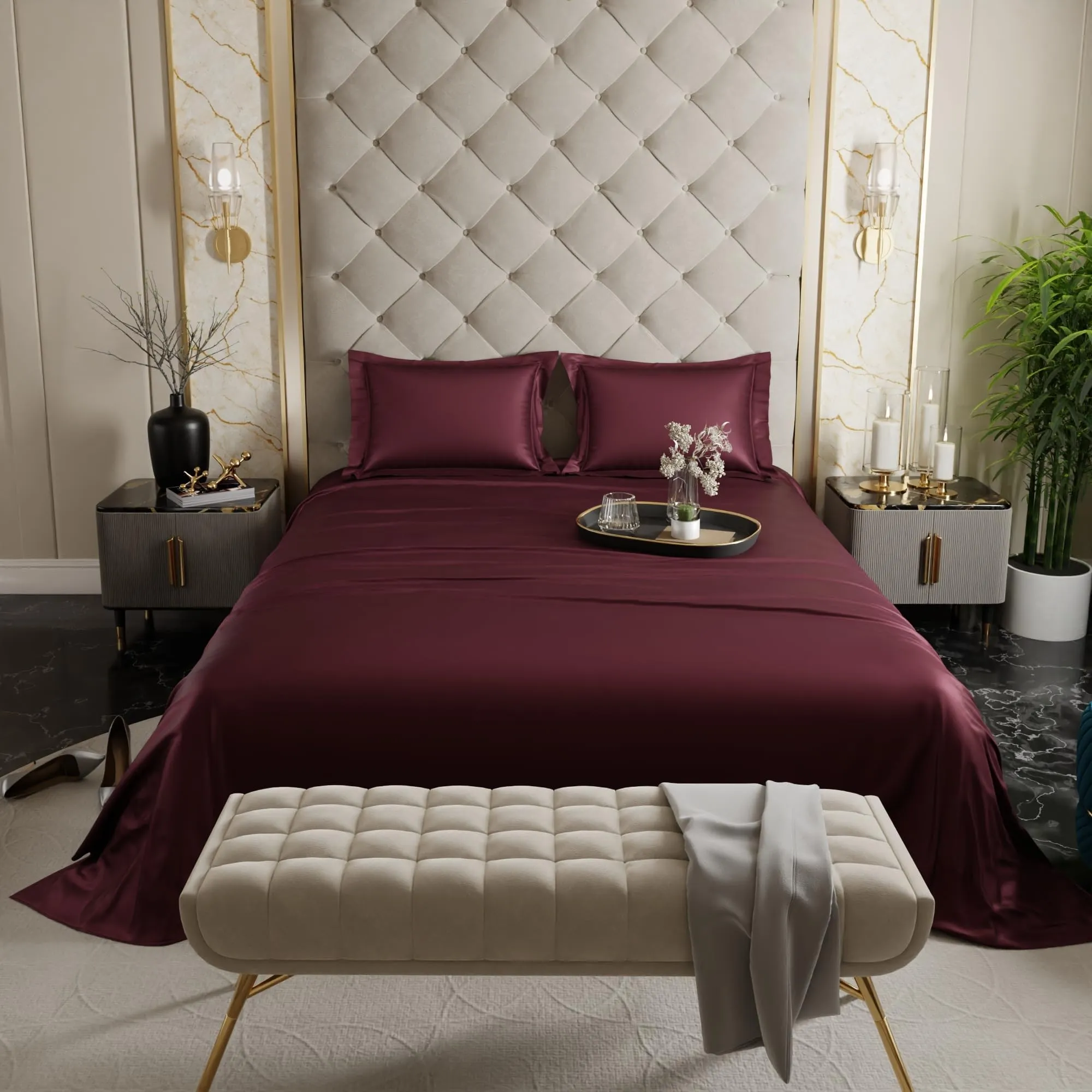 Stoa Paris Satin Bedsheets for Double Bed - 300TC Premium Bedsheet with 2 Pillow Covers, Gift for Couples for Romantic Dates, Luxury Bedding Set, Wedding - Velvet Wine