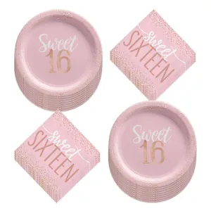 Sweet Sixteen Blush Pink Paper Dinner Plates and Lunch Napkins (Serves 16)