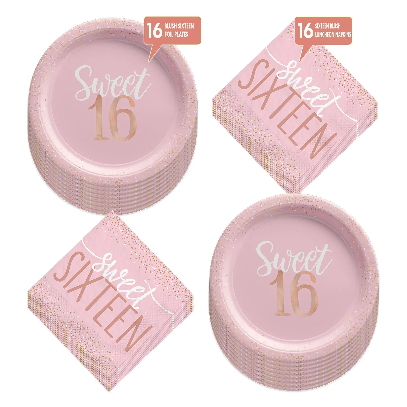 Sweet Sixteen Blush Pink Paper Dinner Plates and Lunch Napkins (Serves 16)