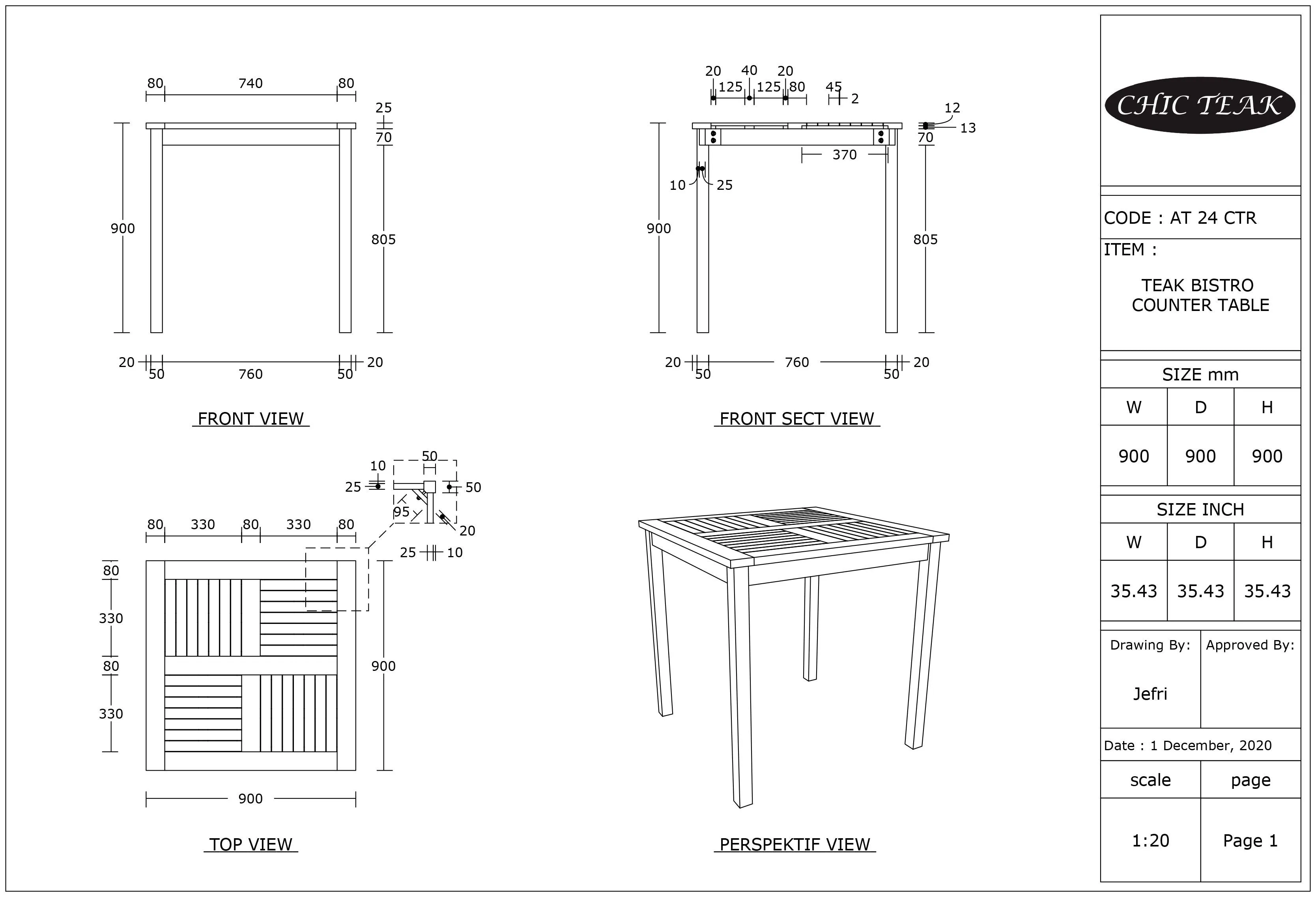 Teak Wood Seville Outdoor Patio Counter Height Bistro Table - 35 inch