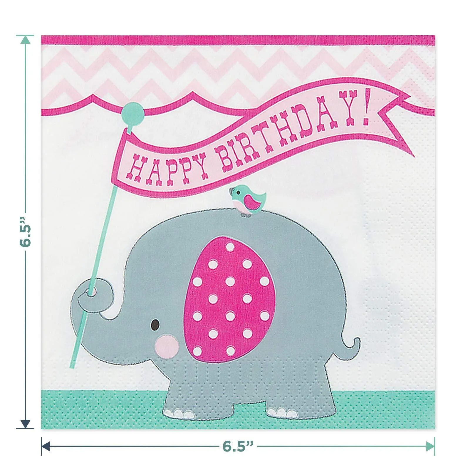 Teal & Pink Elephant Birthday Party Paper Dinner Plates and Lunch Napkins (Serves 16)