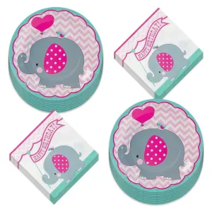 Teal & Pink Elephant Birthday Party Paper Dinner Plates and Lunch Napkins (Serves 16)