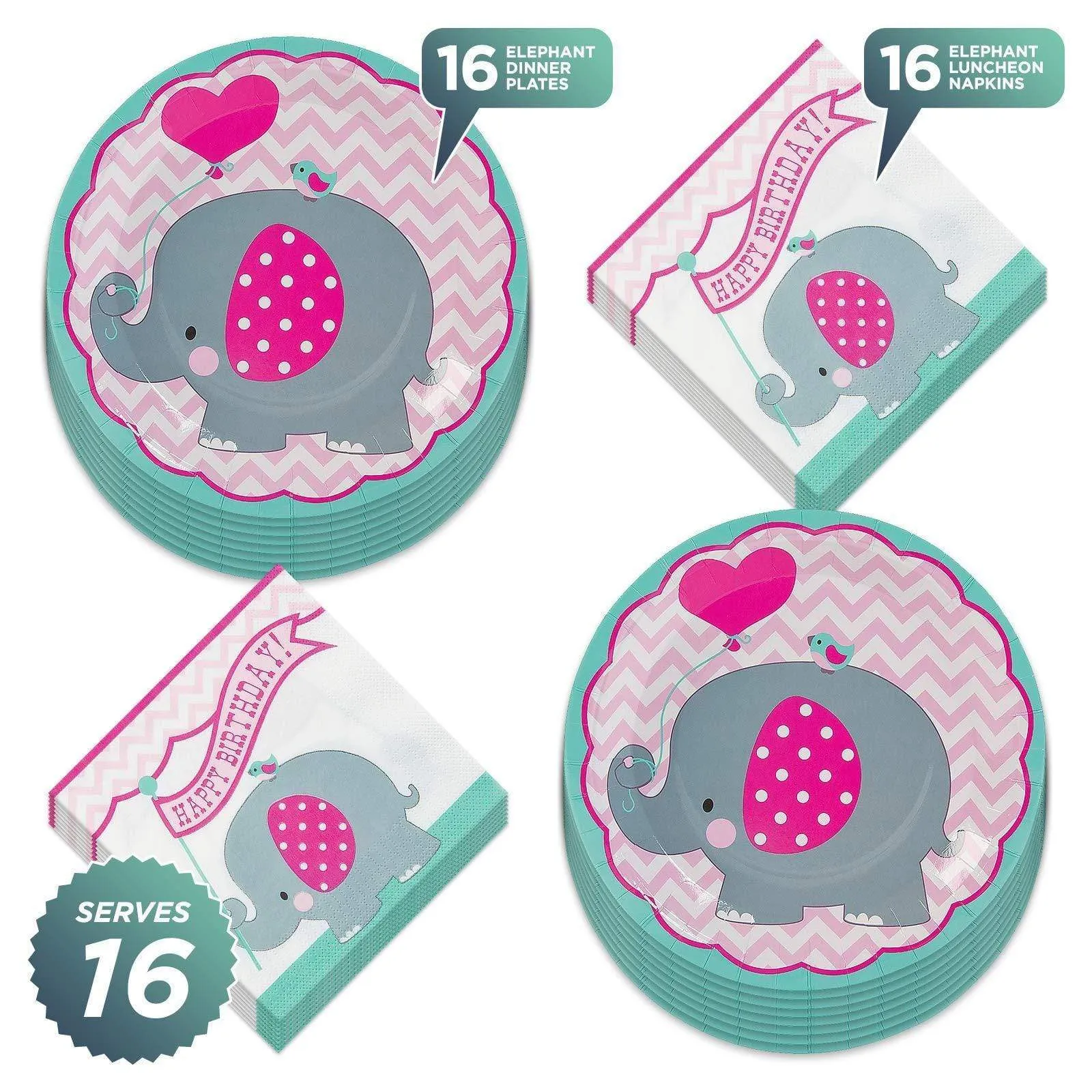 Teal & Pink Elephant Birthday Party Paper Dinner Plates and Lunch Napkins (Serves 16)