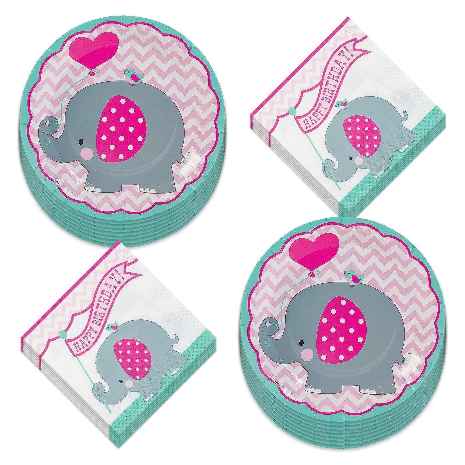 Teal & Pink Elephant Birthday Party Paper Dinner Plates and Lunch Napkins (Serves 16)