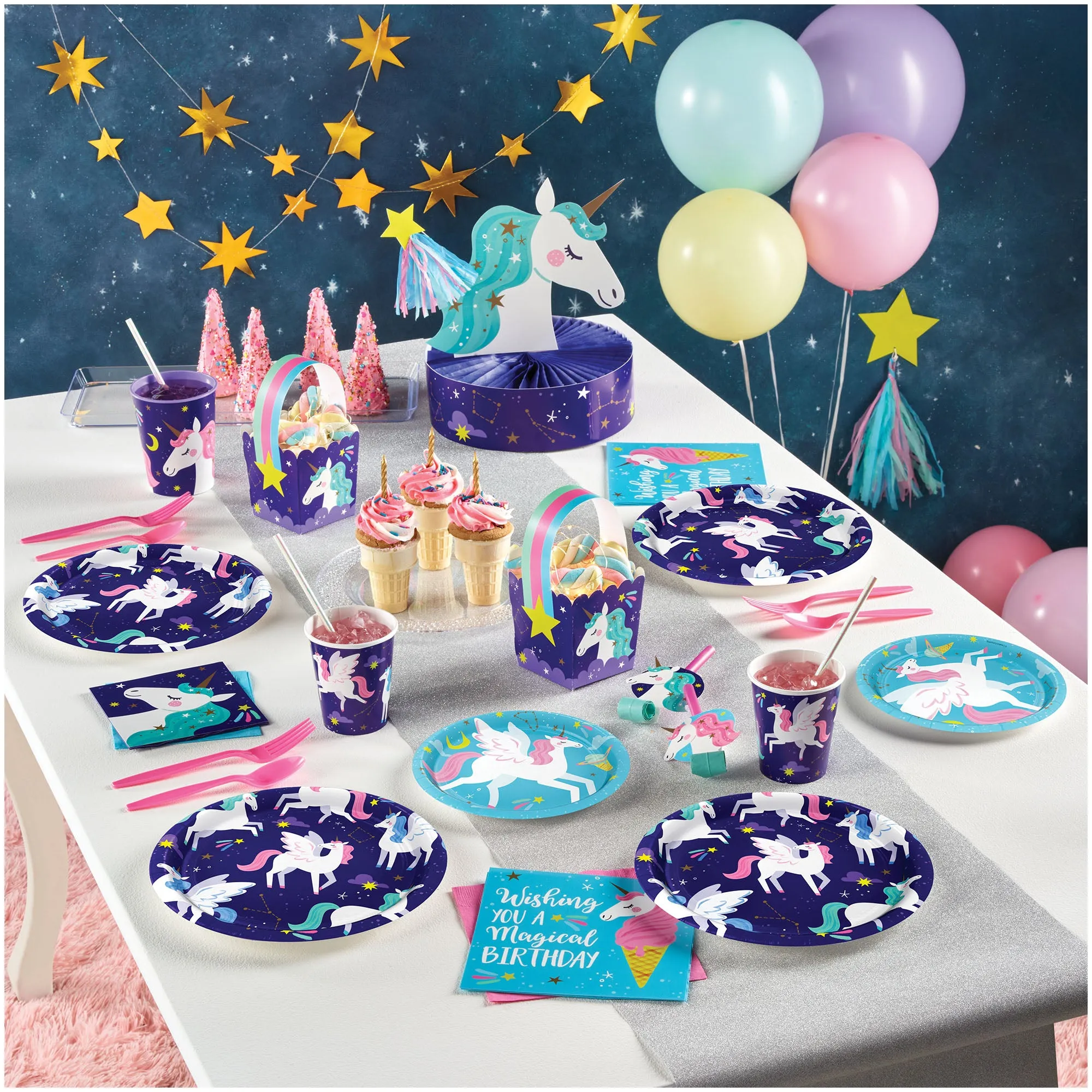 Unicorn Party Supplies -Unicorn Purple Paper Plates, Napkins, and Forks (Serves 16)