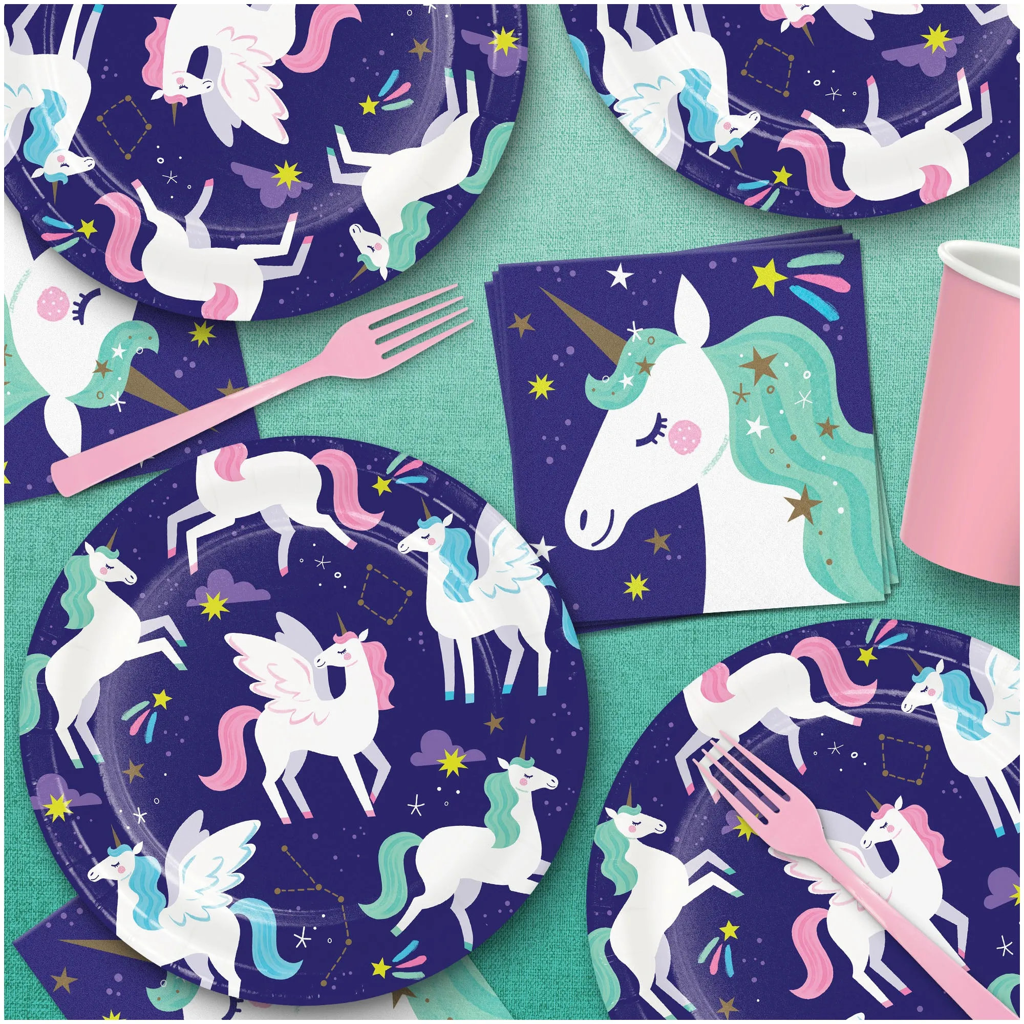 Unicorn Party Supplies -Unicorn Purple Paper Plates, Napkins, and Forks (Serves 16)