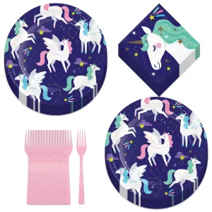 Unicorn Party Supplies -Unicorn Purple Paper Plates, Napkins, and Forks (Serves 16)