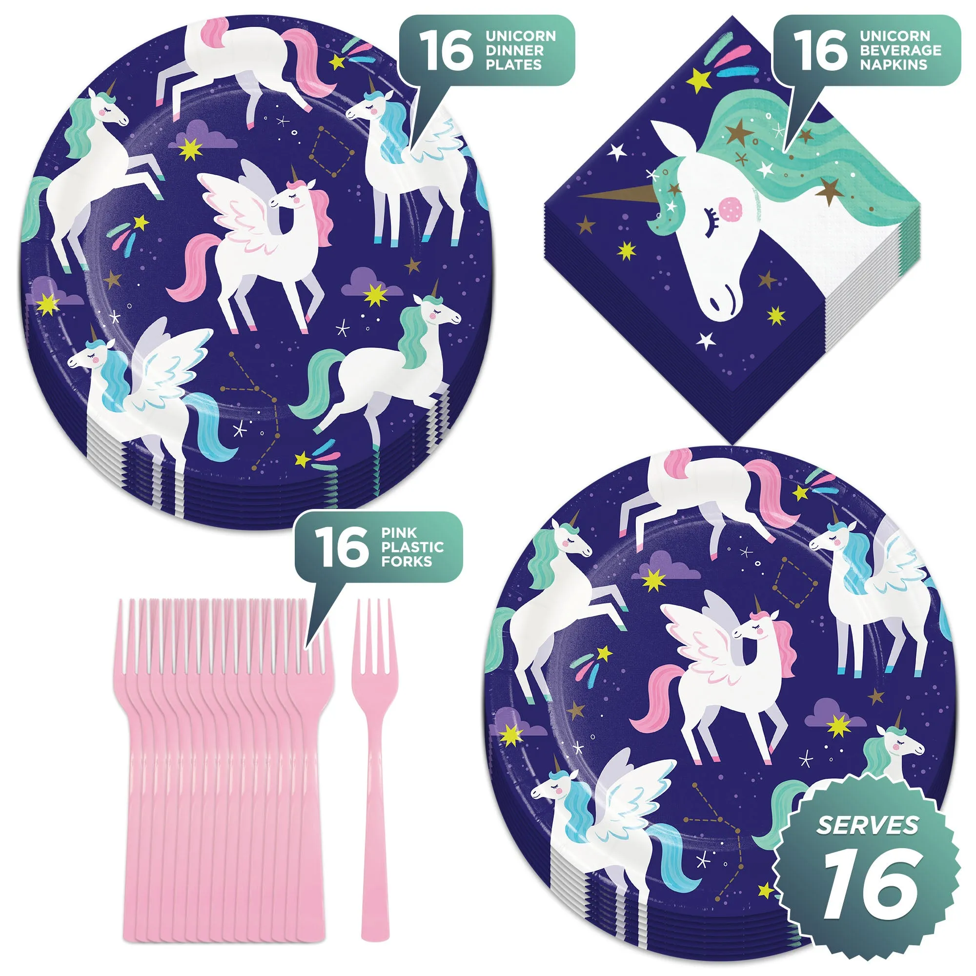 Unicorn Party Supplies -Unicorn Purple Paper Plates, Napkins, and Forks (Serves 16)