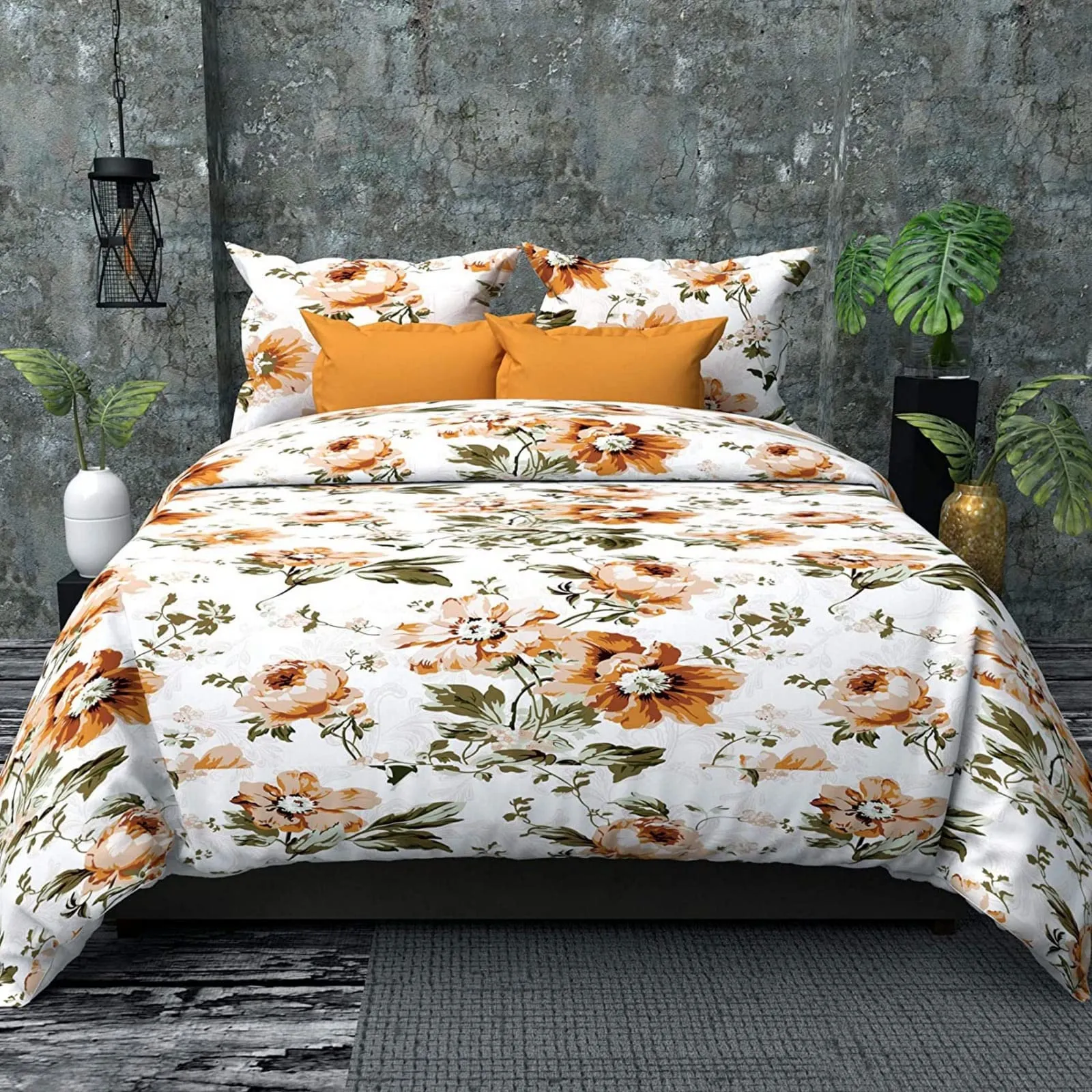 Vervique 200 TC Cotton Blends Floral Design Print Mix N Match Bedsheet for Double Bed with 2 Pillow Bed Cover | Yellow | Bedsheet Size - 90 * 100 inch | Pillow Size - 17 * 27 inch