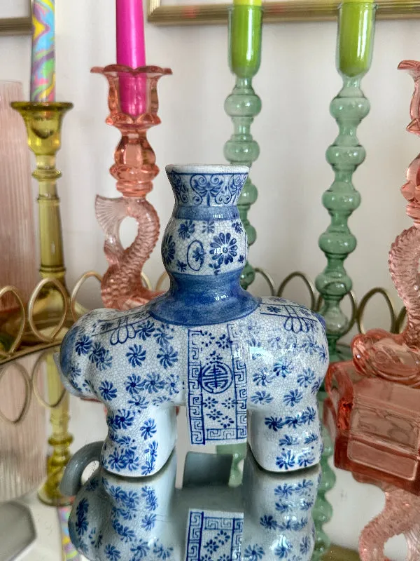 Vintage Candle Holder, Elephant, Blue and White, Chinoiserie