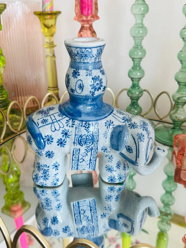 Vintage Candle Holder, Elephant, Blue and White, Chinoiserie