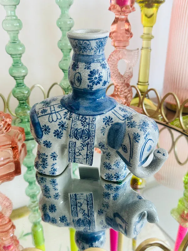 Vintage Candle Holder, Elephant, Blue and White, Chinoiserie