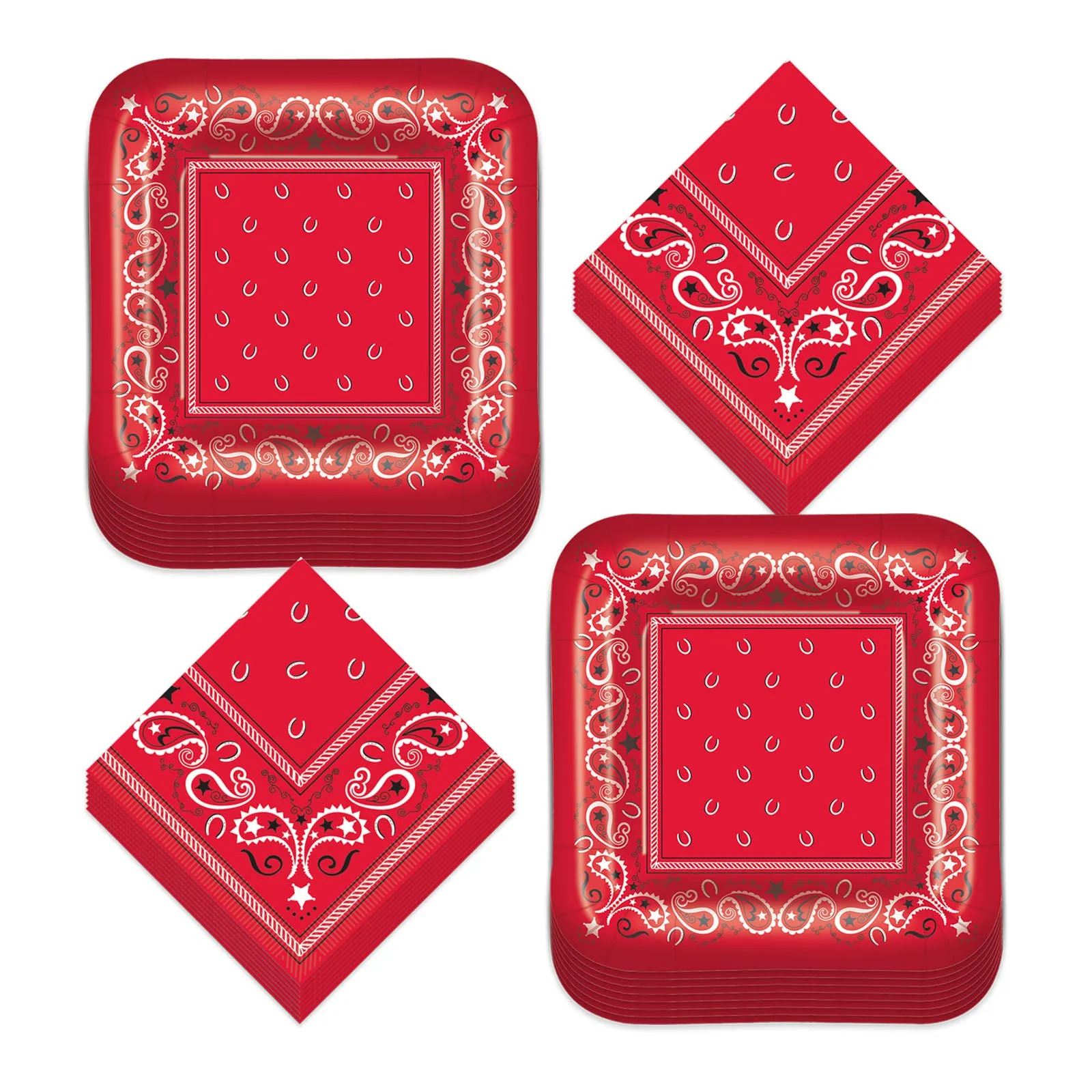 Western Party Supplies - Red Bandana Paper Dinner Plates and Lunch Napkins (Serves 16)