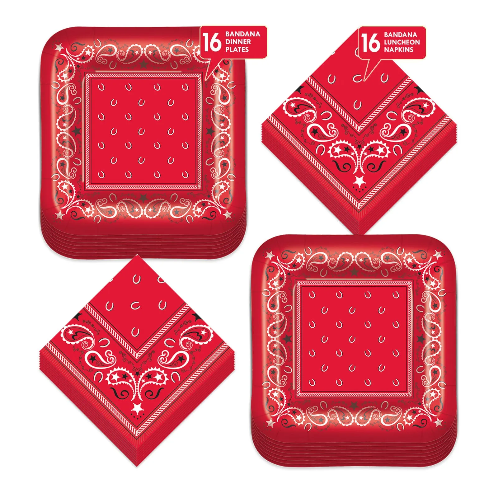 Western Party Supplies - Red Bandana Paper Dinner Plates and Lunch Napkins (Serves 16)