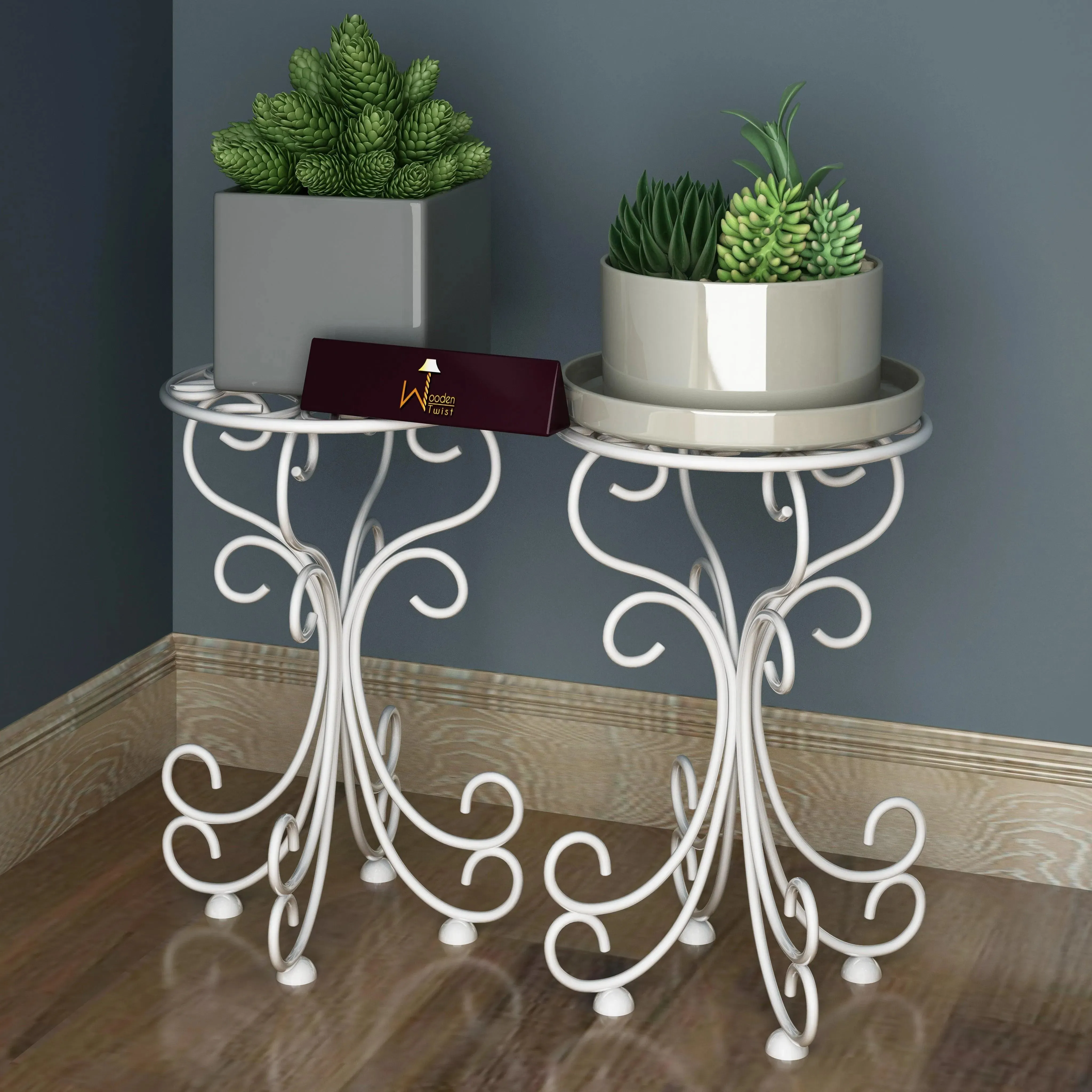 Wooden Twist Metal Plant Stand Patio Indoor Outdoor Wrought Iron/Flowers Planter Shelf (1 Tier White)